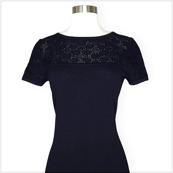St. John Collection Black Sheer Mesh Lace Top Short Sleeves Santana Knit Dress 2 - Picture 2 of 4